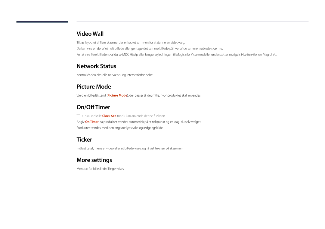 Samsung LH22DBDPSGC/EN manual Network Status, Picture Mode, On/Off Timer, Ticker, More settings 