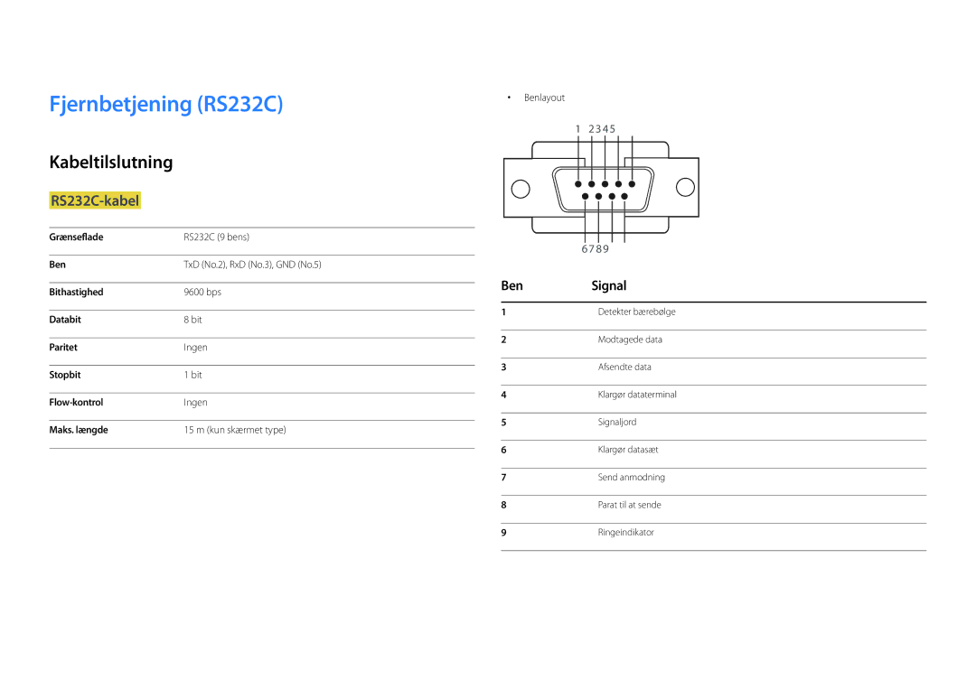 Samsung LH22DBDPSGC/EN manual Fjernbetjening RS232C, Kabeltilslutning, RS232C-kabel, Ben Signal, Benlayout 