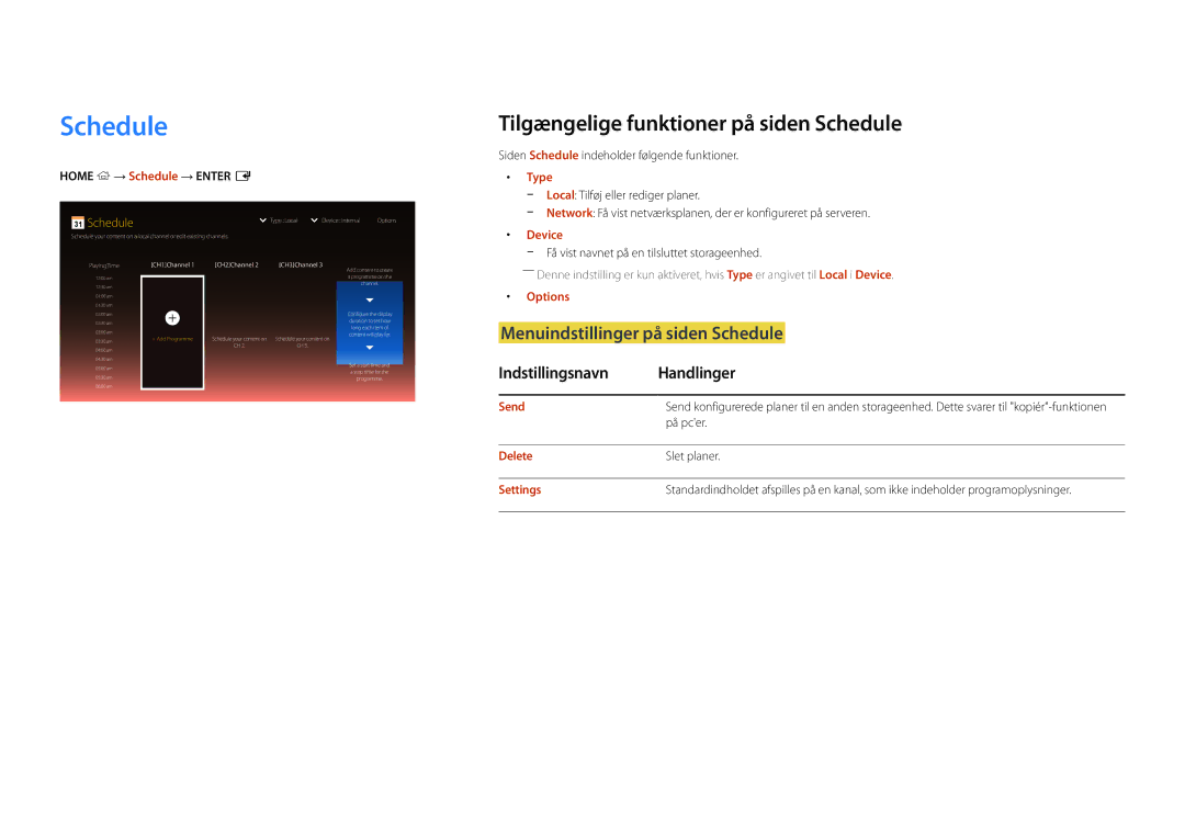 Samsung LH22DBDPSGC/EN manual Tilgængelige funktioner på siden Schedule, Menuindstillinger på siden Schedule, Type 