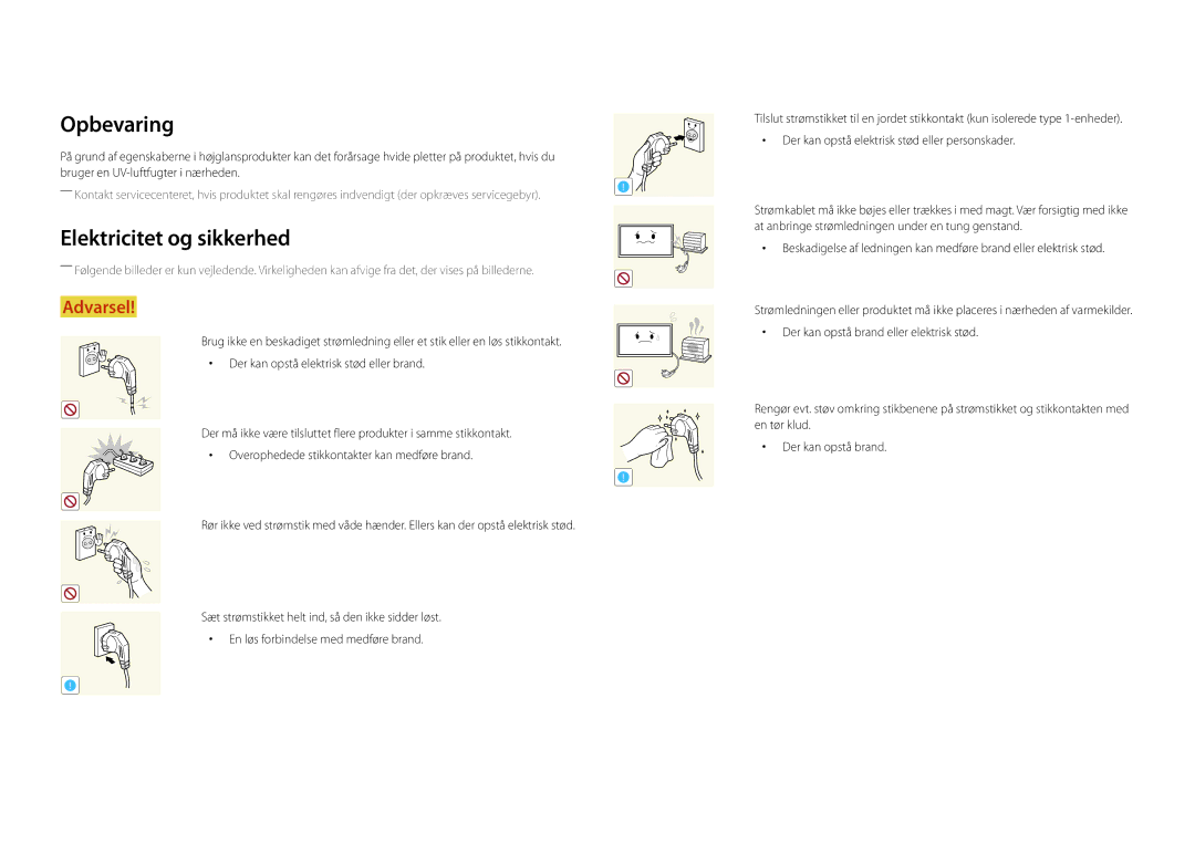Samsung LH22DBDPSGC/EN manual Opbevaring, Elektricitet og sikkerhed 