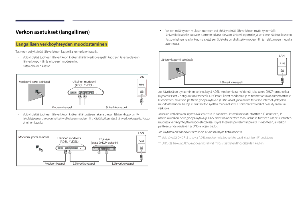 Samsung LH22DBDPSGC/EN manual Verkon asetukset langallinen, Langallisen verkkoyhteyden muodostaminen 