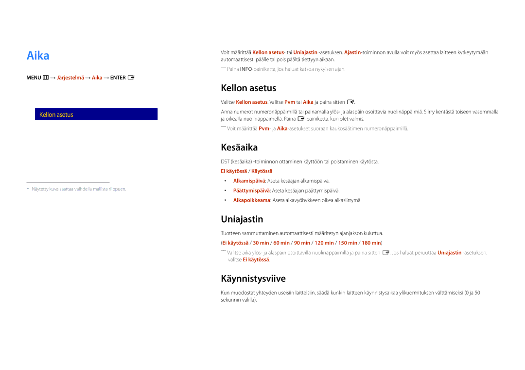 Samsung LH22DBDPSGC/EN manual Aika, Kellon asetus, Kesäaika, Uniajastin, Käynnistysviive 