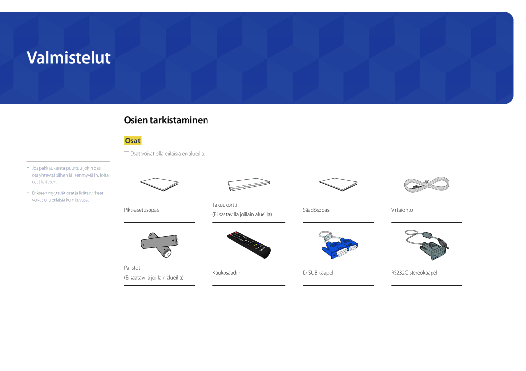 Samsung LH22DBDPSGC/EN manual Valmistelut, Osien tarkistaminen, Osat, Takuukortti Pika-asetusopas, Säädösopas 