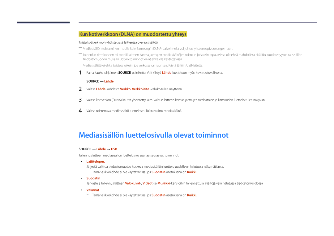 Samsung LH22DBDPSGC/EN manual Mediasisällön luettelosivulla olevat toiminnot, Kun kotiverkkoon Dlna on muodostettu yhteys 