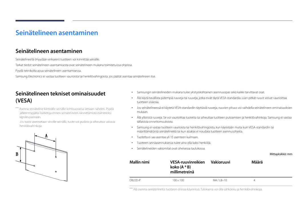 Samsung LH22DBDPSGC/EN manual Seinätelineen asentaminen, Seinätelineen tekniset ominaisuudet Vesa 