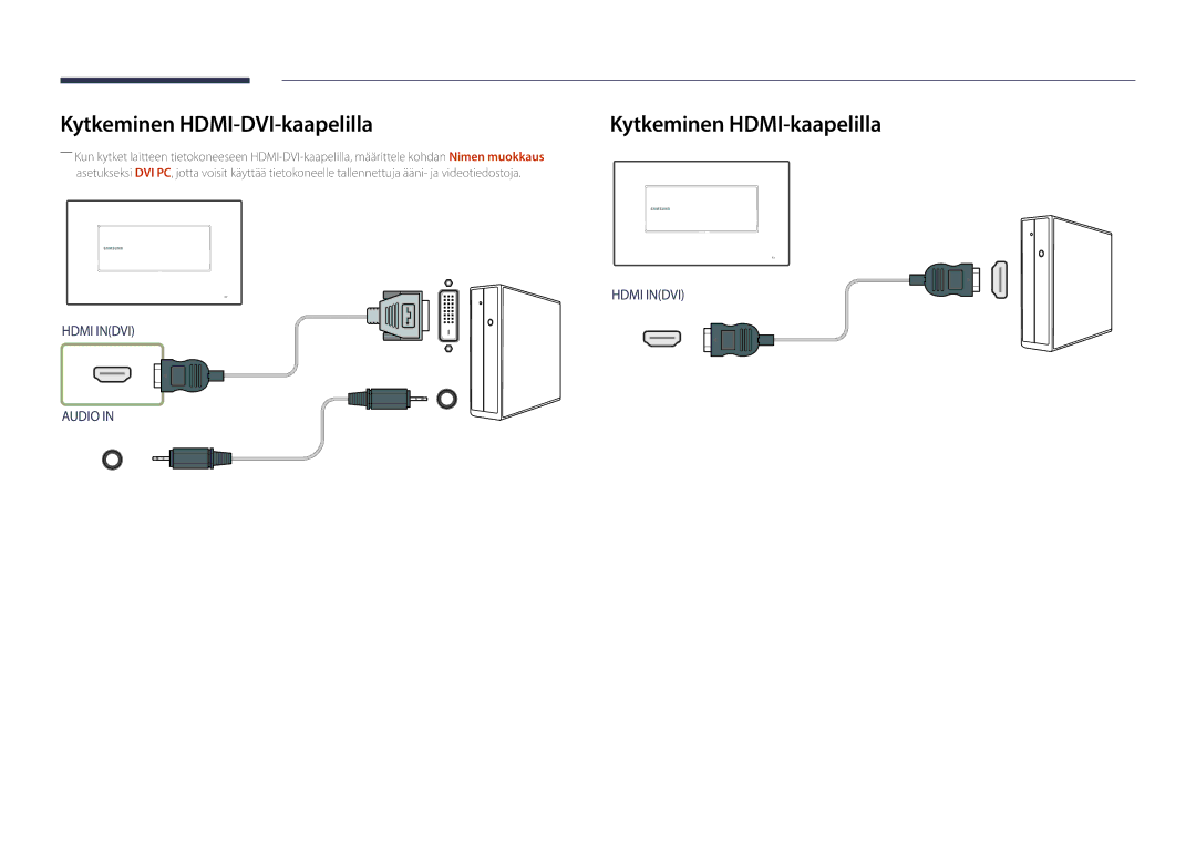 Samsung LH22DBDPSGC/EN manual Kytkeminen HDMI-DVI-kaapelilla, Kytkeminen HDMI-kaapelilla 