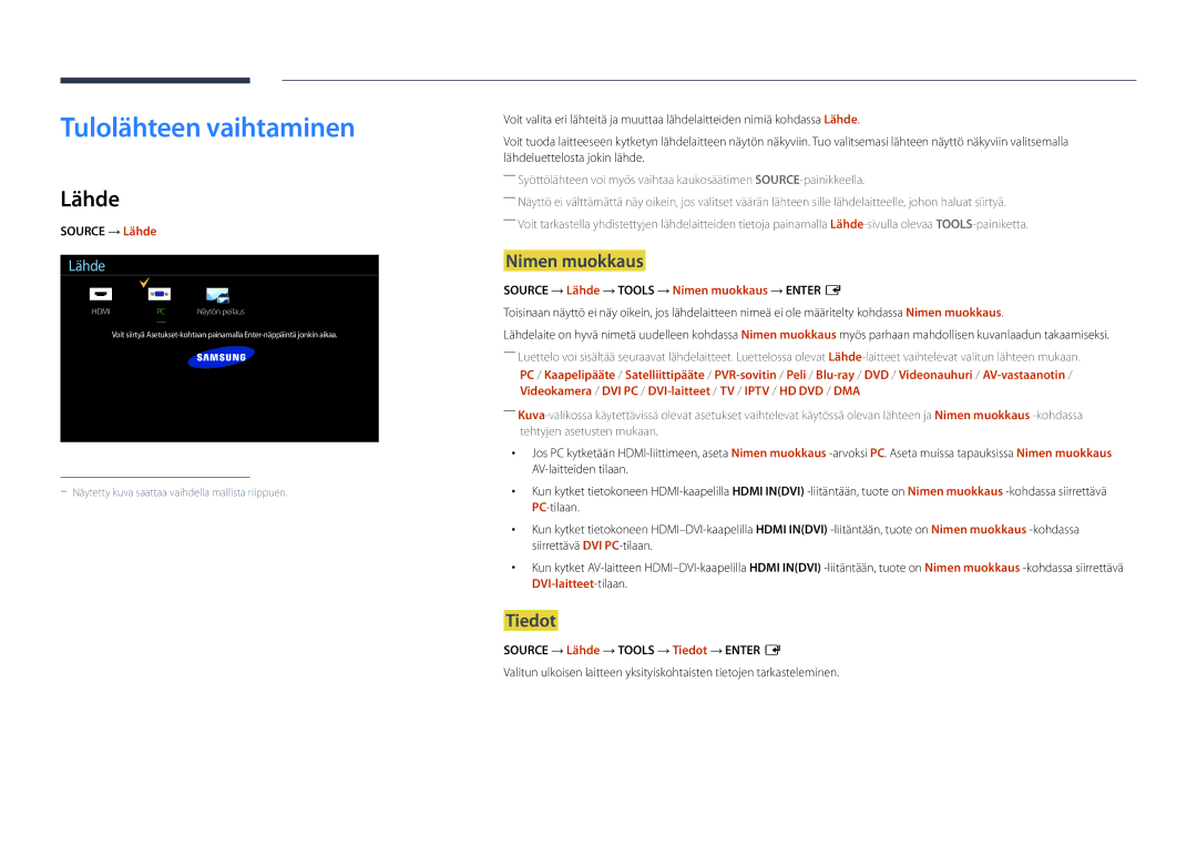 Samsung LH22DBDPSGC/EN manual Tulolähteen vaihtaminen, Lähde, Nimen muokkaus, Tiedot 