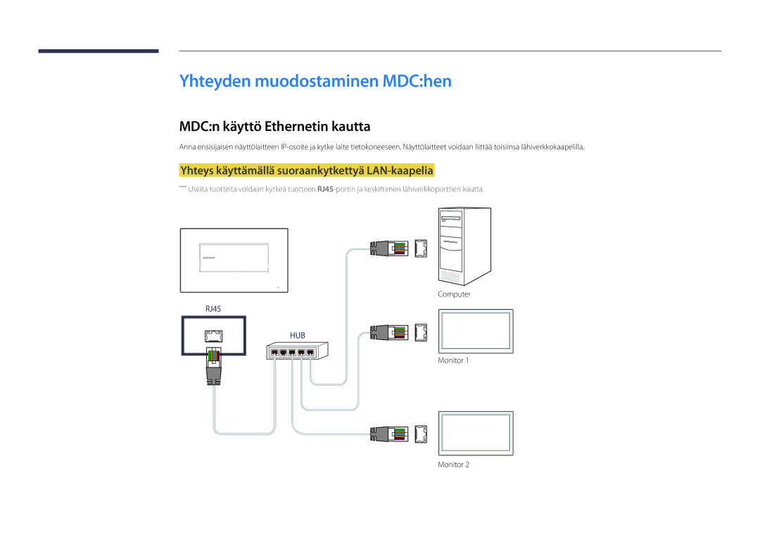 Samsung LH22DBDPSGC/EN manual Yhteyden muodostaminen MDChen, MDCn käyttö Ethernetin kautta, Computer, Monitor 