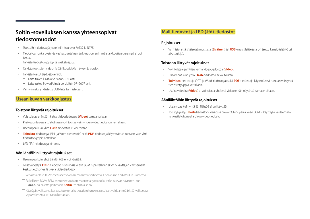 Samsung LH22DBDPSGC/EN manual Soitin -sovelluksen kanssa yhteensopivat tiedostomuodot, Usean kuvan verkkoajastus 