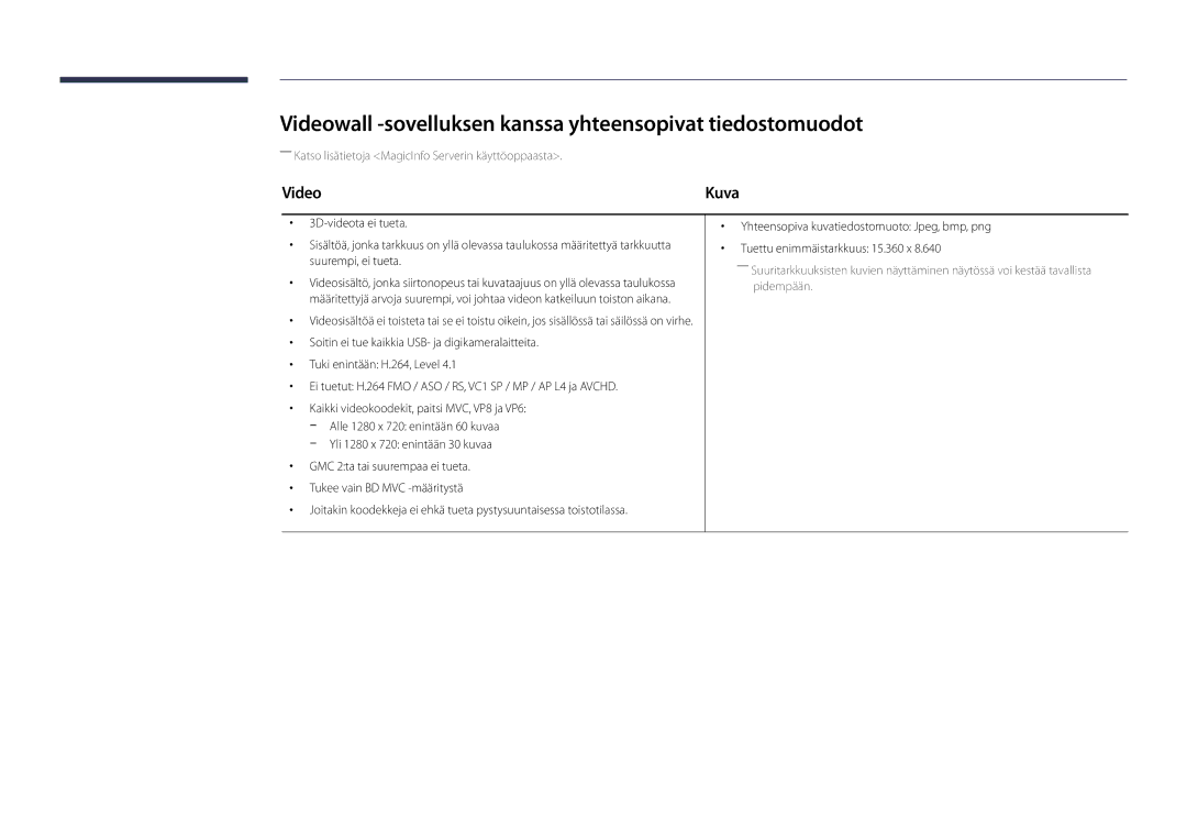 Samsung LH22DBDPSGC/EN manual Videowall -sovelluksen kanssa yhteensopivat tiedostomuodot 