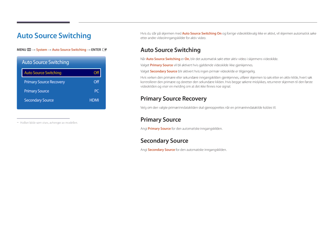 Samsung LH22DBDPSGC/EN manual Auto Source Switching, Primary Source Recovery, Secondary Source 