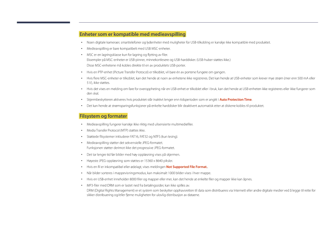 Samsung LH22DBDPSGC/EN manual Enheter som er kompatible med medieavspilling, Filsystem og formater 