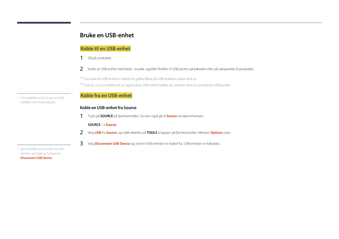 Samsung LH22DBDPSGC/EN manual Bruke en USB-enhet, Koble til en USB-enhet, Koble fra en USB-enhet, Slå på produktet 