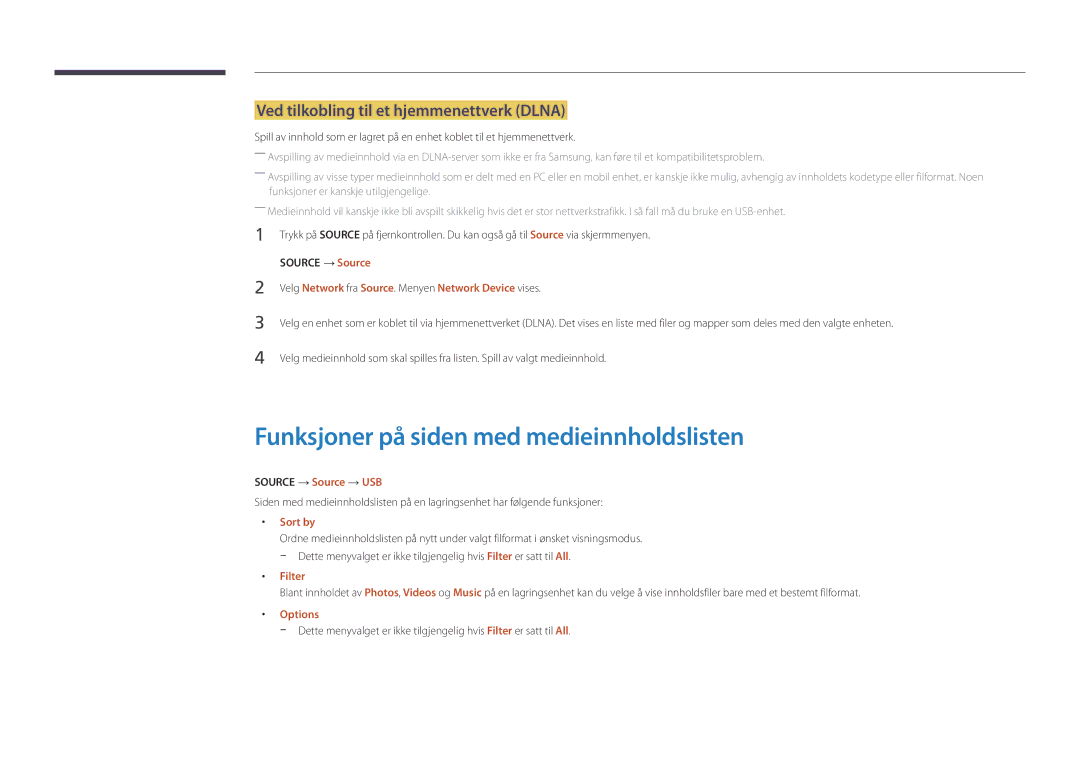 Samsung LH22DBDPSGC/EN manual Funksjoner på siden med medieinnholdslisten, Ved tilkobling til et hjemmenettverk Dlna 