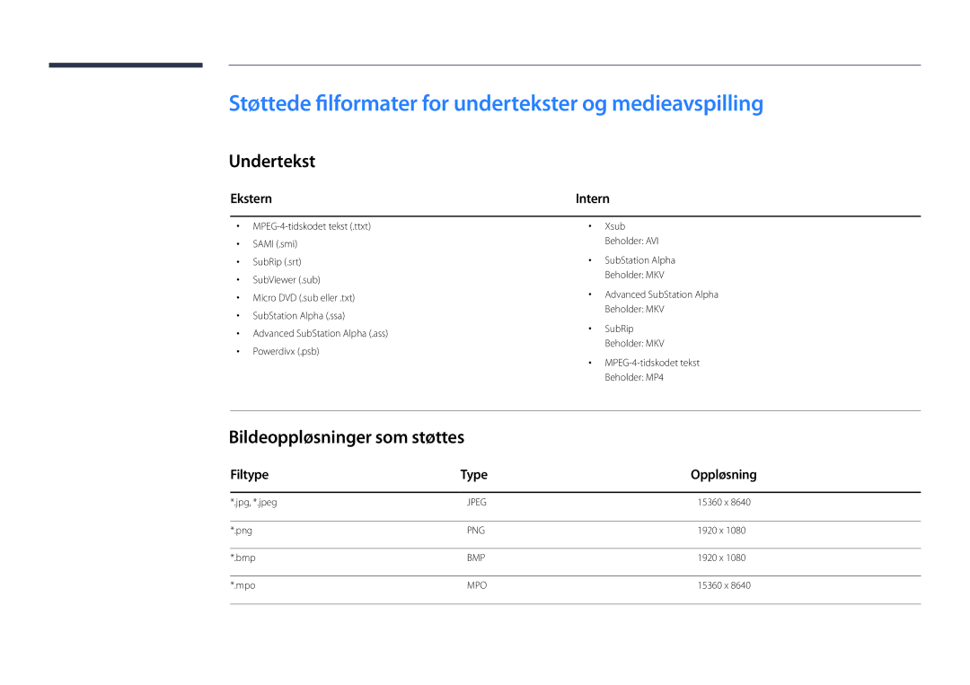 Samsung LH22DBDPSGC/EN Støttede filformater for undertekster og medieavspilling, Undertekst, Bildeoppløsninger som støttes 