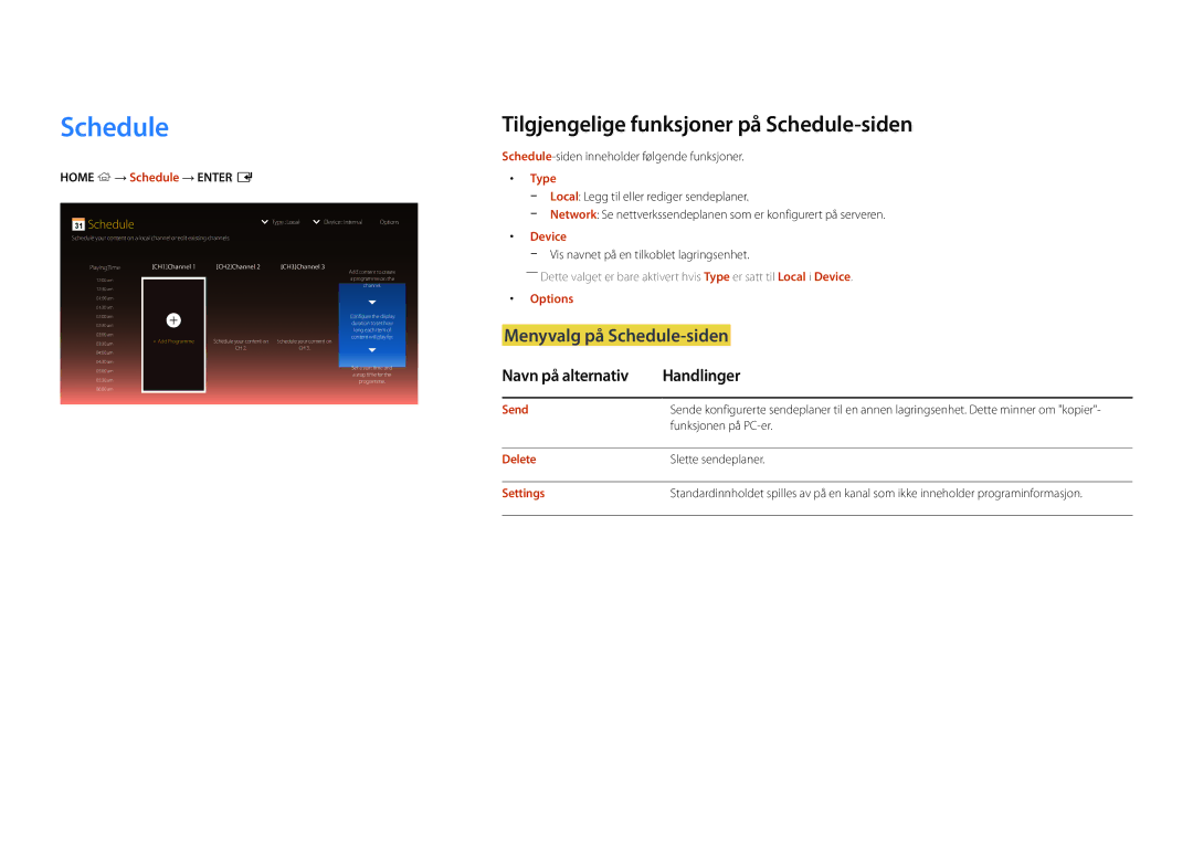 Samsung LH22DBDPSGC/EN manual Tilgjengelige funksjoner på Schedule-siden, Menyvalg på Schedule-siden, Type 