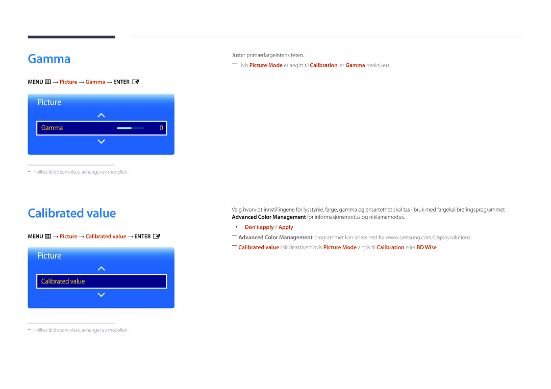 Samsung LH22DBDPSGC/EN manual Calibrated value, Menu m → Picture → Gamma → Enter E, Dont apply / Apply 