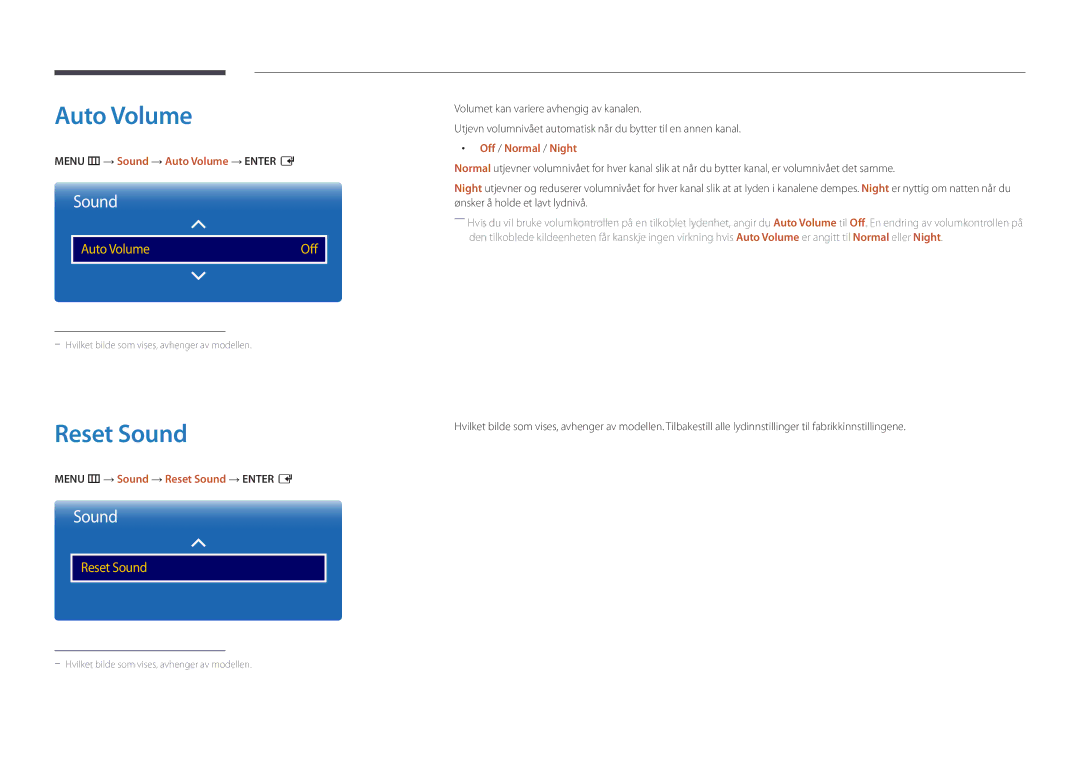 Samsung LH22DBDPSGC/EN manual Menu m → Sound → Auto Volume → Enter E, Menu m → Sound → Reset Sound → Enter E 