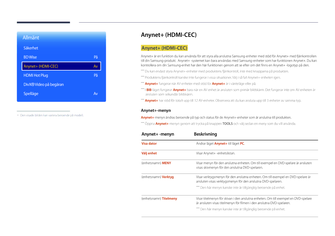 Samsung LH22DBDPSGC/EN manual Anynet+ HDMI-CEC, Anynet+ -menyn Beskrivning, Säkerhet BD Wise 