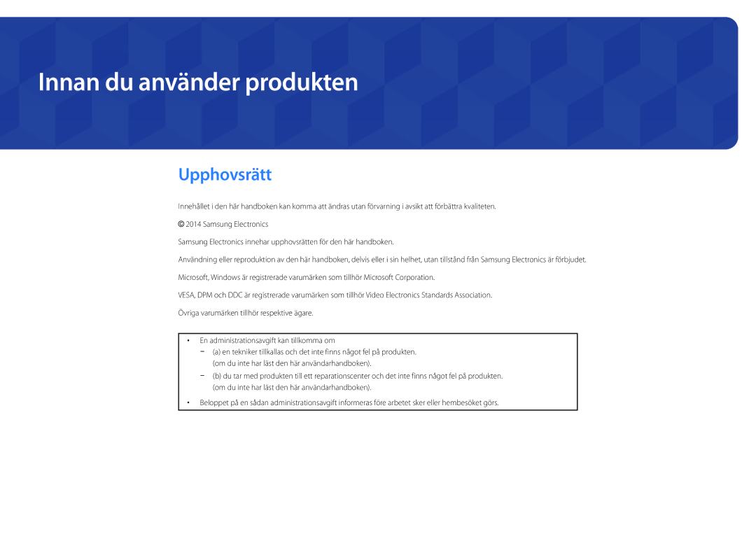 Samsung LH22DBDPSGC/EN manual Innan du använder produkten, Upphovsrätt 