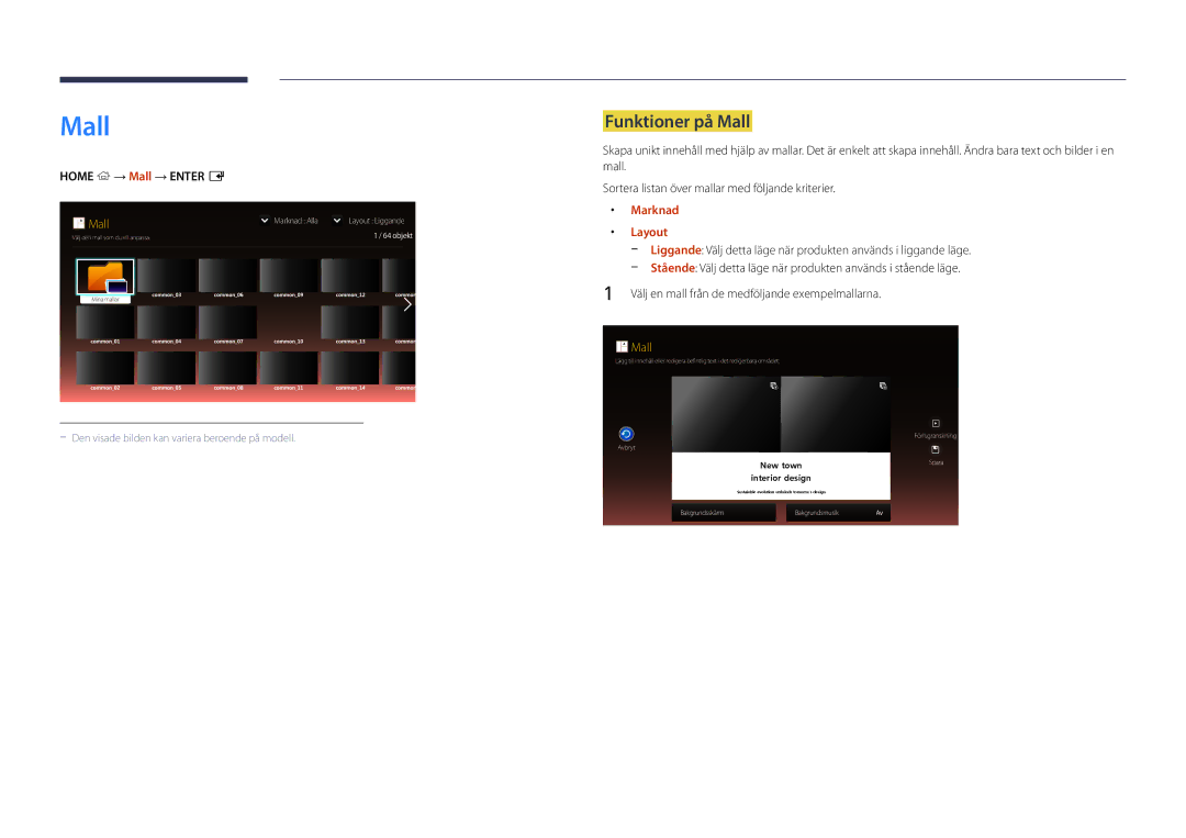 Samsung LH22DBDPSGC/EN manual Funktioner på Mall, Home → Mall → Enter E, Marknad, Layout 