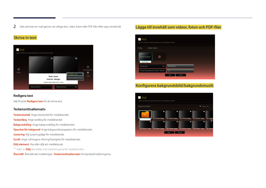 Samsung LH22DBDPSGC/EN manual Skriva in text, Konfigurera bakgrundsbild/bakgrundsmusik 