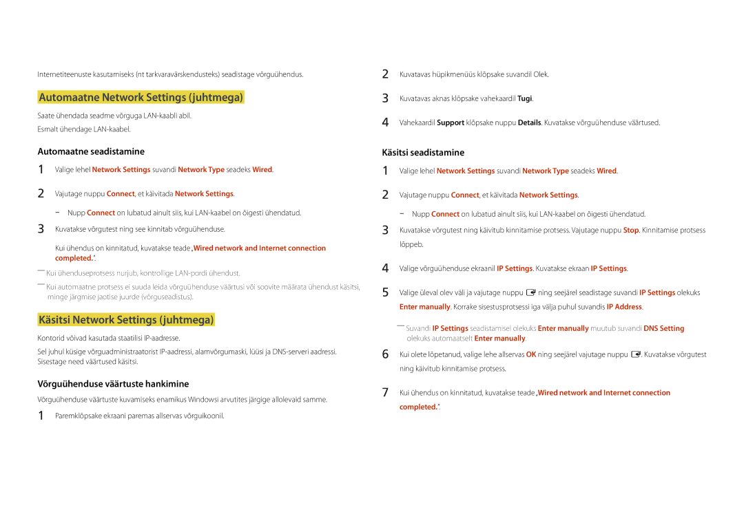 Samsung LH22DBDPSGC/EN manual Automaatne Network Settings juhtmega, Käsitsi Network Settings juhtmega, Completed 