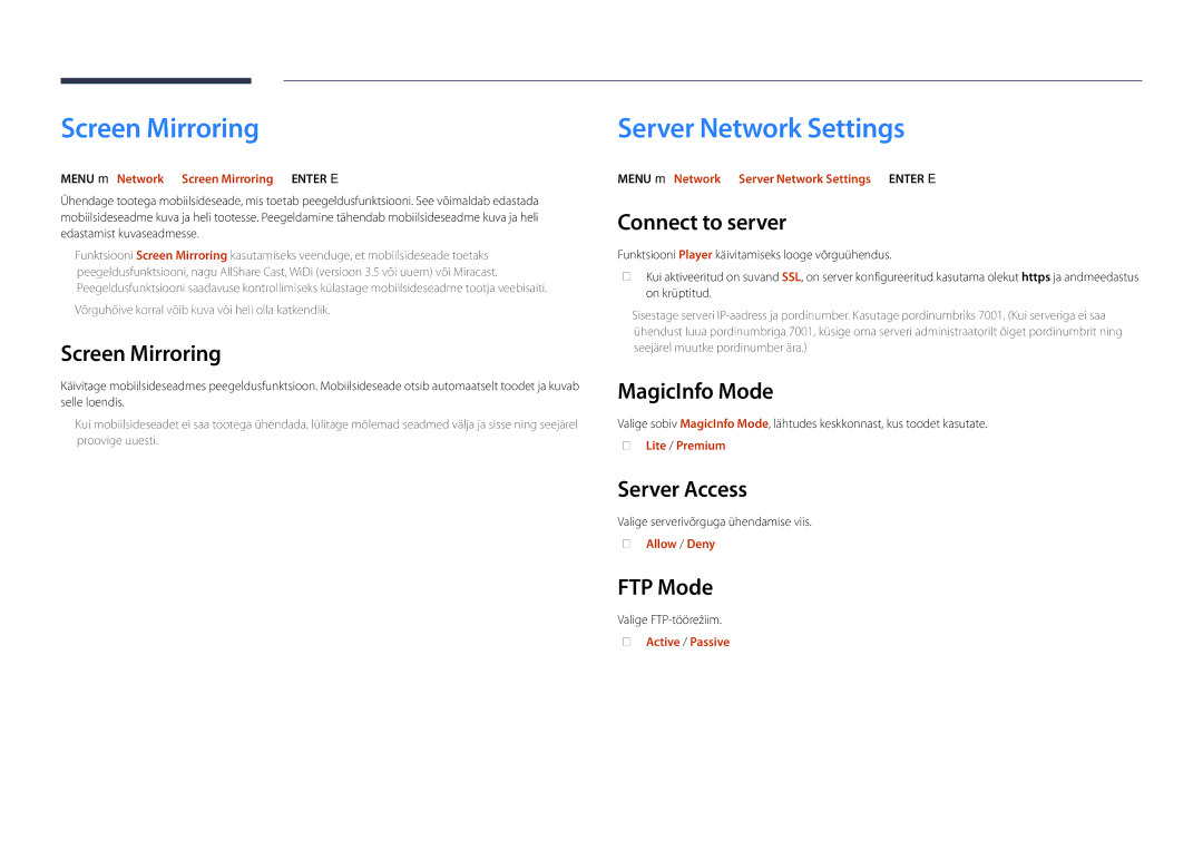 Samsung LH22DBDPSGC/EN manual Screen Mirroring, Server Network Settings 