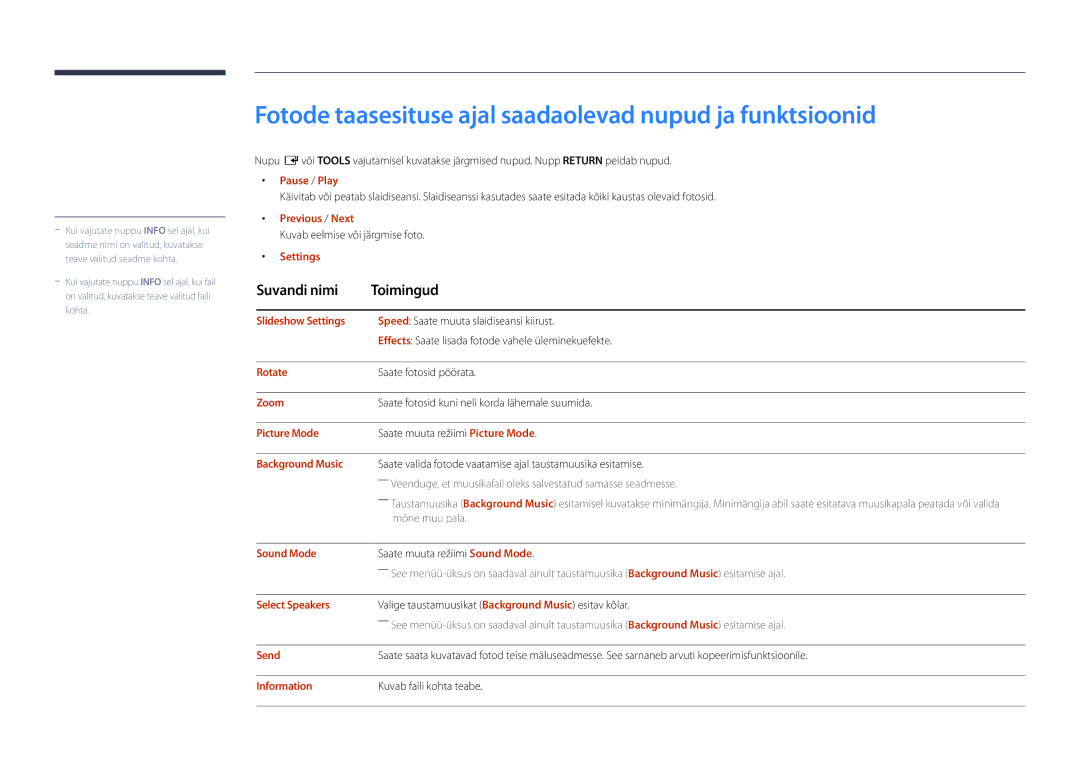 Samsung LH22DBDPSGC/EN manual Fotode taasesituse ajal saadaolevad nupud ja funktsioonid 