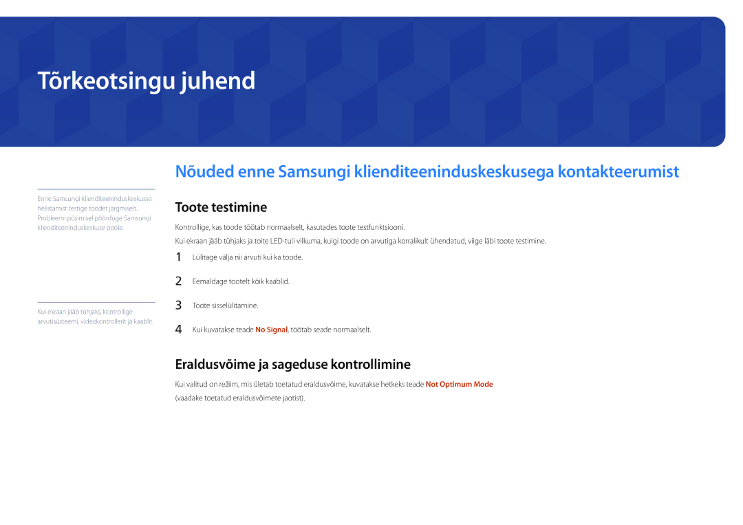 Samsung LH22DBDPSGC/EN manual Tõrkeotsingu juhend, Toote testimine, Eraldusvõime ja sageduse kontrollimine 