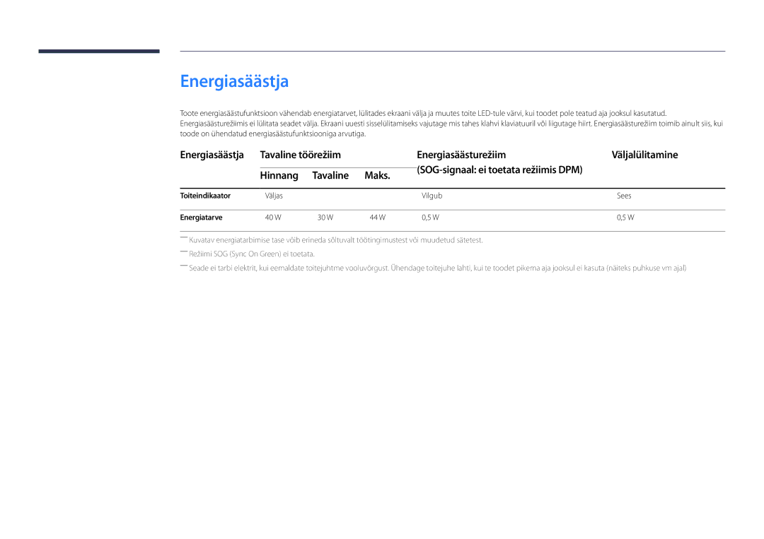 Samsung LH22DBDPSGC/EN manual Energiasäästja, Toiteindikaator Väljas Vilgub Sees Energiatarve 40 W 30 W 