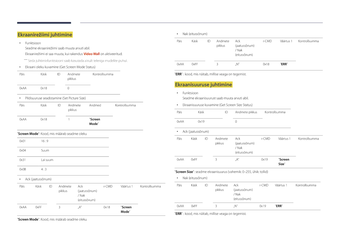 Samsung LH22DBDPSGC/EN manual Ekraanirežiimi juhtimine, Ekraanisuuruse juhtimine 