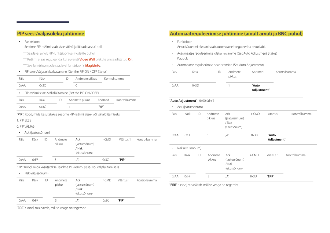 Samsung LH22DBDPSGC/EN manual PIP sees-/väljasoleku juhtimine, Automaatreguleerimise juhtimine ainult arvuti ja BNC puhul 