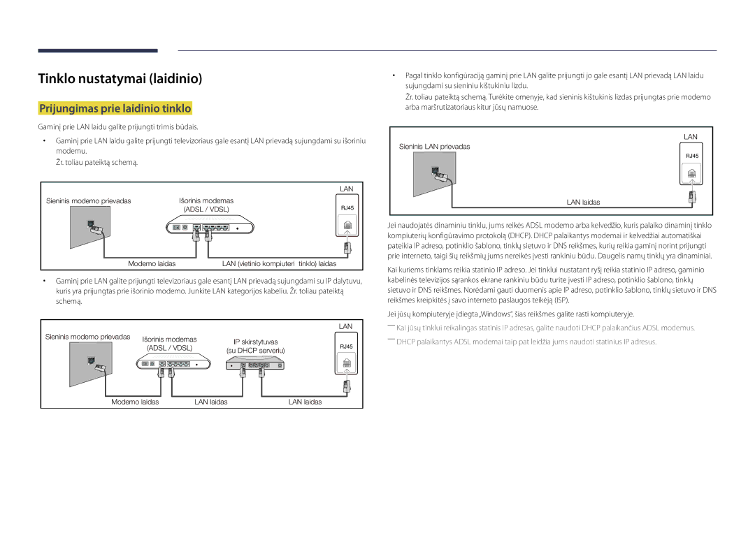 Samsung LH22DBDPSGC/EN manual Tinklo nustatymai laidinio, Prijungimas prie laidinio tinklo 