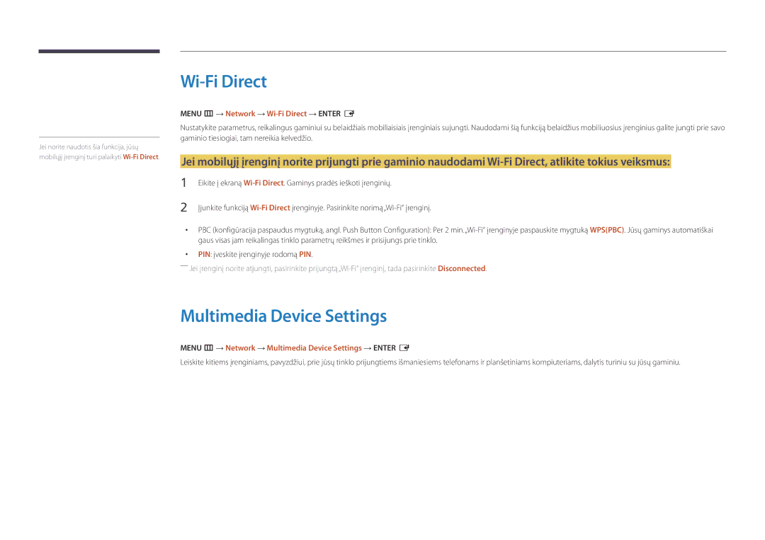 Samsung LH22DBDPSGC/EN manual Multimedia Device Settings, Menu m → Network → Wi-Fi Direct → Enter E 