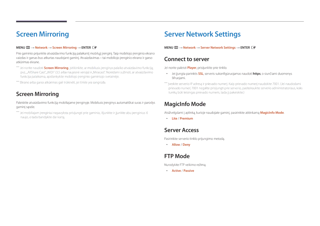 Samsung LH22DBDPSGC/EN manual Screen Mirroring, Server Network Settings 