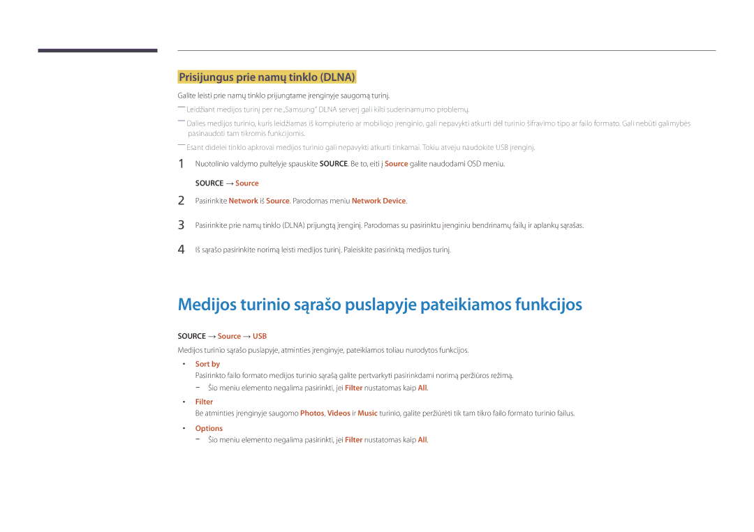 Samsung LH22DBDPSGC/EN Medijos turinio sąrašo puslapyje pateikiamos funkcijos, Prisijungus prie namų tinklo Dlna, Filter 