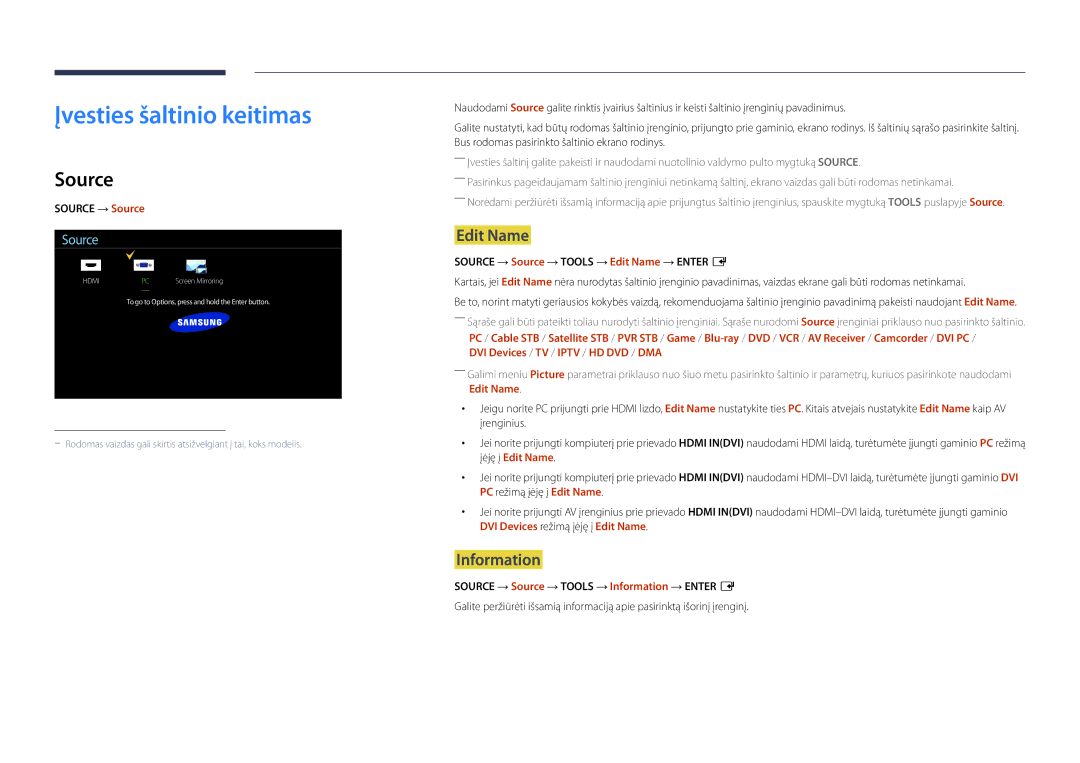 Samsung LH22DBDPSGC/EN manual Įvesties šaltinio keitimas, Source, Edit Name, Information 