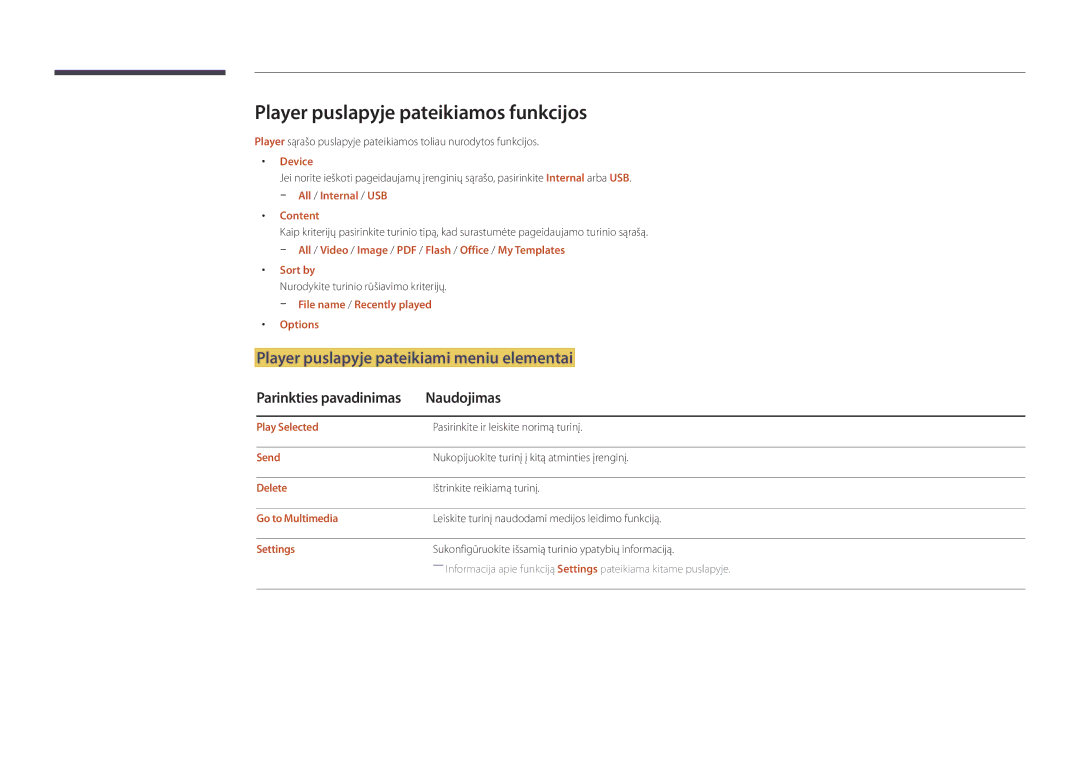 Samsung LH22DBDPSGC/EN Player puslapyje pateikiamos funkcijos, Player puslapyje pateikiami meniu elementai, Naudojimas 