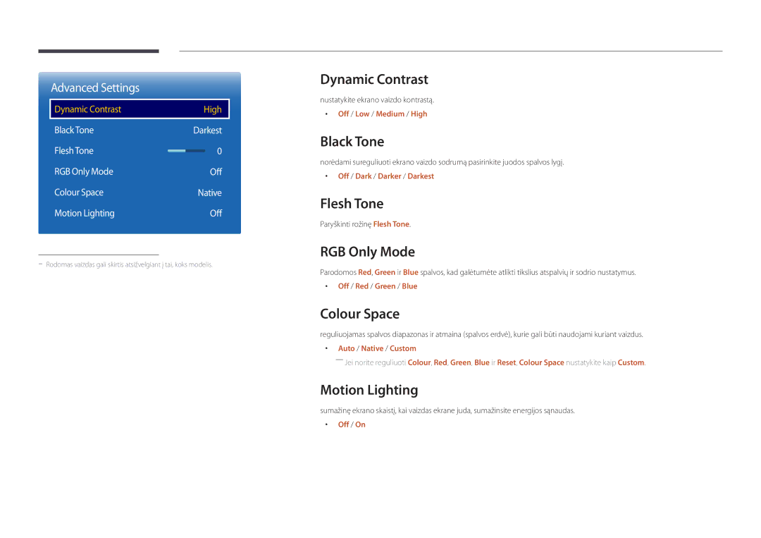 Samsung LH22DBDPSGC/EN manual Dynamic Contrast, Black Tone, Flesh Tone, RGB Only Mode, Colour Space, Motion Lighting 