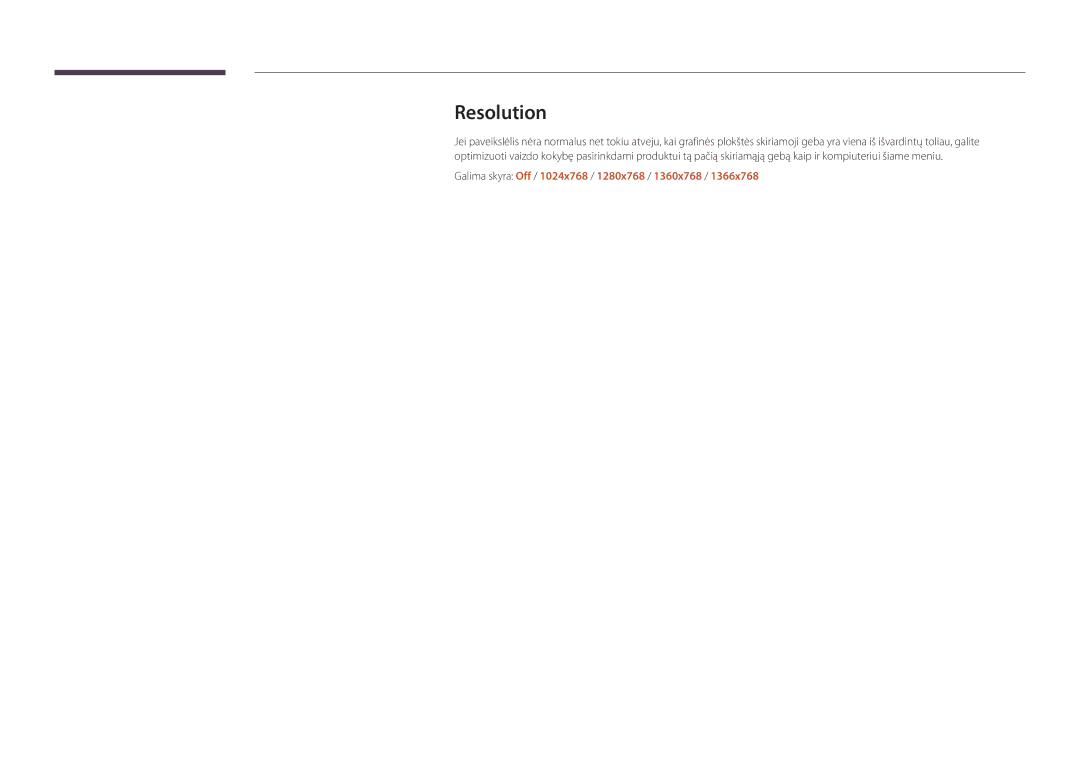 Samsung LH22DBDPSGC/EN manual Resolution, Galima skyra Off / 1024x768 / 1280x768 / 1360x768 