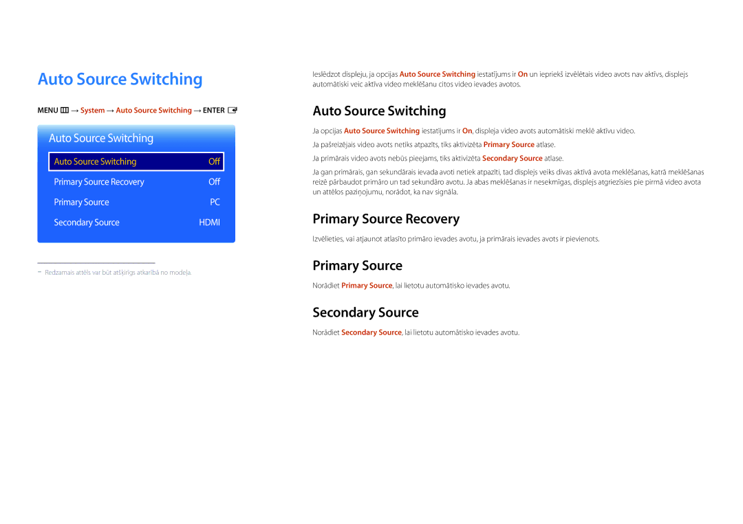 Samsung LH22DBDPSGC/EN manual Auto Source Switching, Primary Source Recovery, Secondary Source 