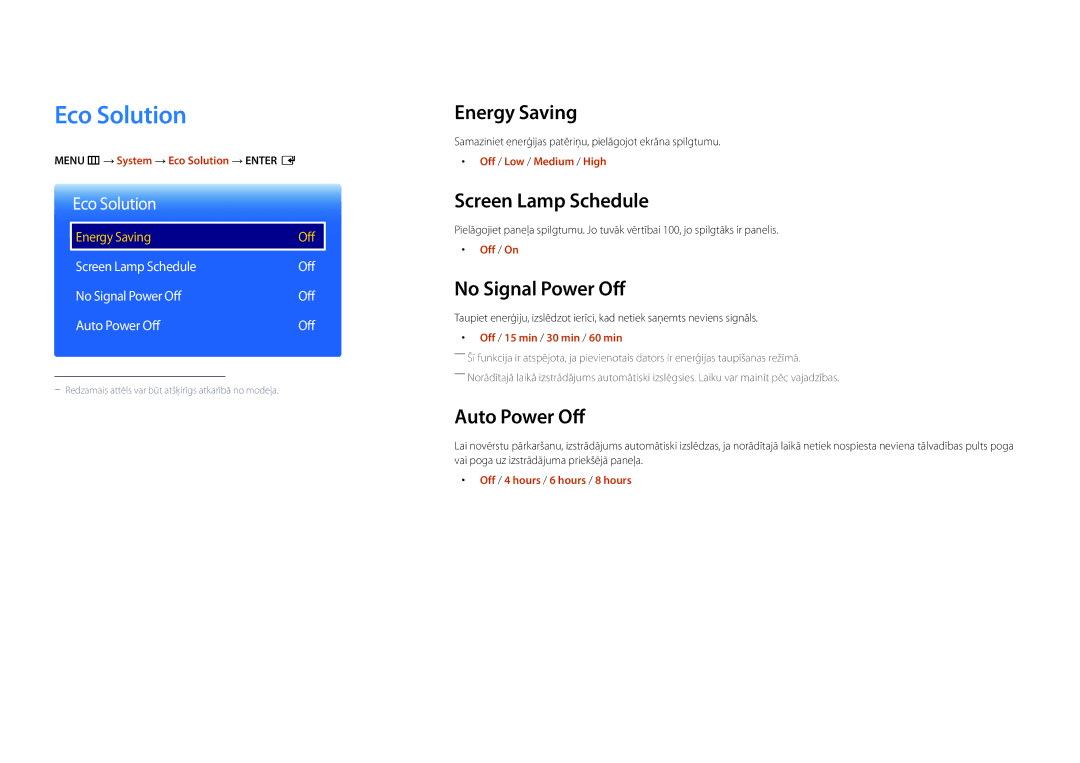 Samsung LH22DBDPSGC/EN manual Eco Solution, Energy Saving, Screen Lamp Schedule, No Signal Power Off, Auto Power Off 