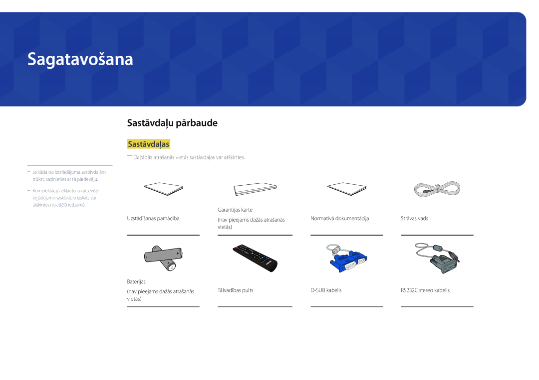 Samsung LH22DBDPSGC/EN manual Sagatavošana, Sastāvdaļu pārbaude, Sastāvdaļas, Vietās Baterijas 