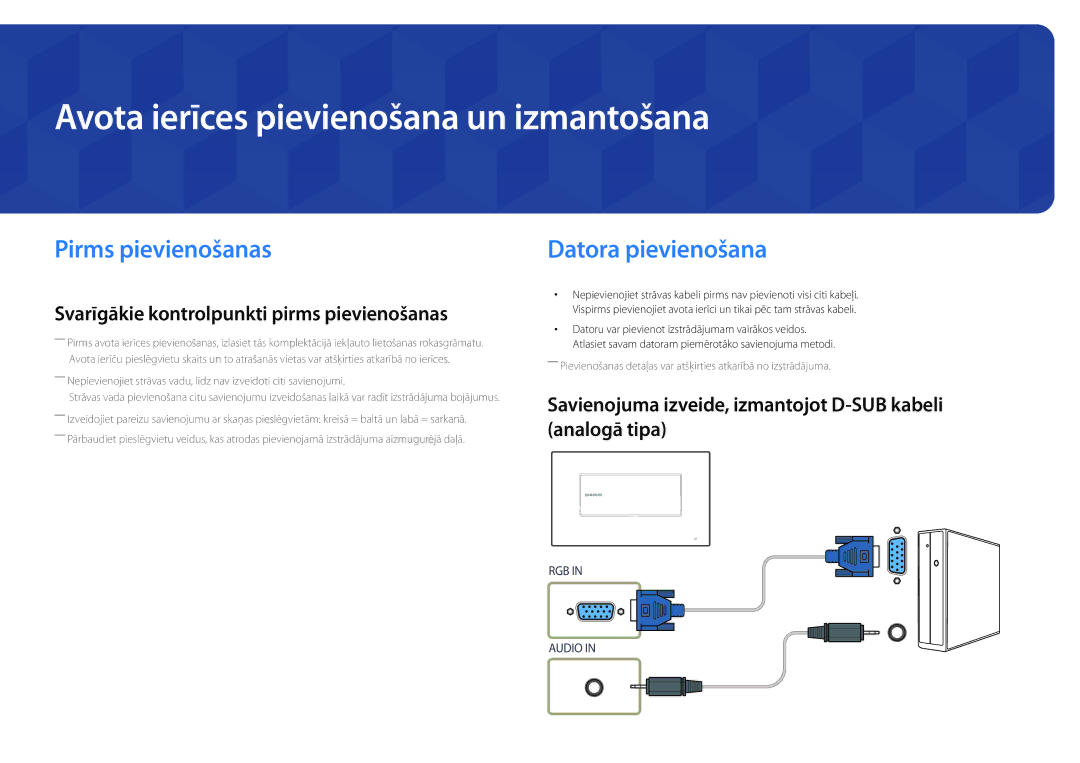 Samsung LH22DBDPSGC/EN manual Avota ierīces pievienošana un izmantošana, Pirms pievienošanas, Datora pievienošana 