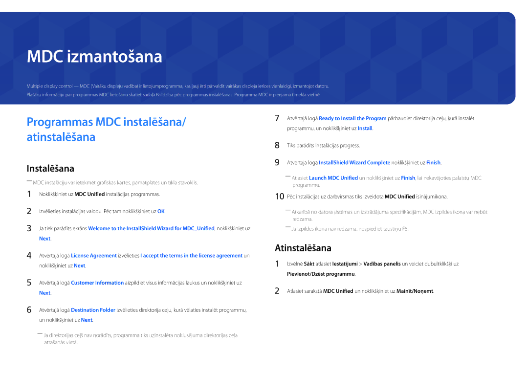 Samsung LH22DBDPSGC/EN manual MDC izmantošana, Programmas MDC instalēšana/ atinstalēšana, Atinstalēšana 