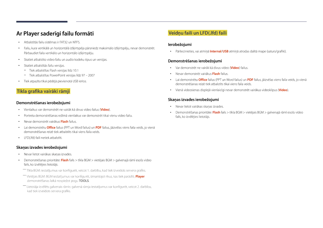 Samsung LH22DBDPSGC/EN manual Ar Player saderīgi failu formāti, Tīkla grafika vairāki rāmji, Veidņu faili un LFD.lfd faili 