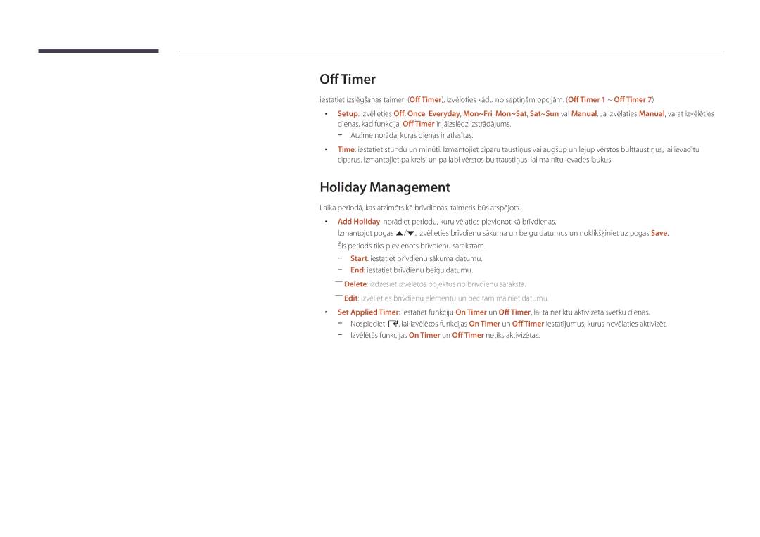 Samsung LH22DBDPSGC/EN manual Off Timer, Holiday Management 