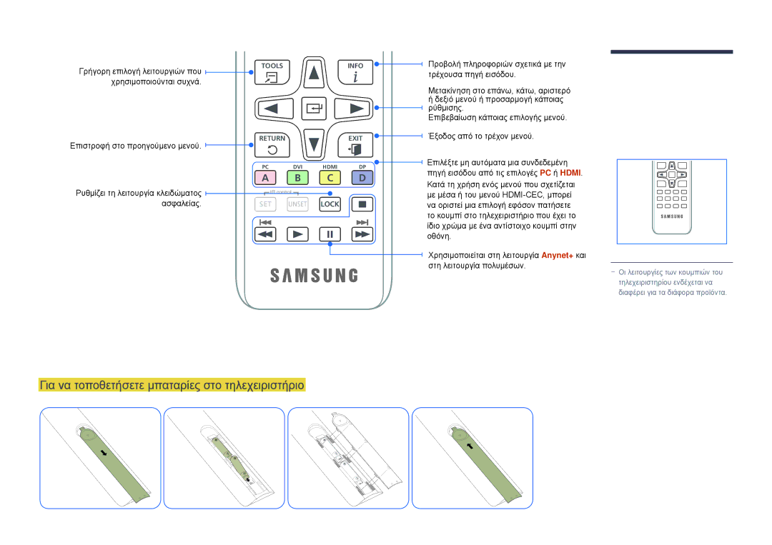 Samsung LH22DBDPSGC/EN manual Για να τοποθετήσετε μπαταρίες στο τηλεχειριστήριο, Χρησιμοποιούνται συχνά 