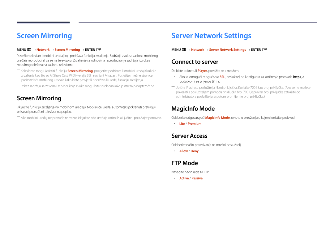 Samsung LH22DBDPSGC/EN manual Screen Mirroring, Server Network Settings 